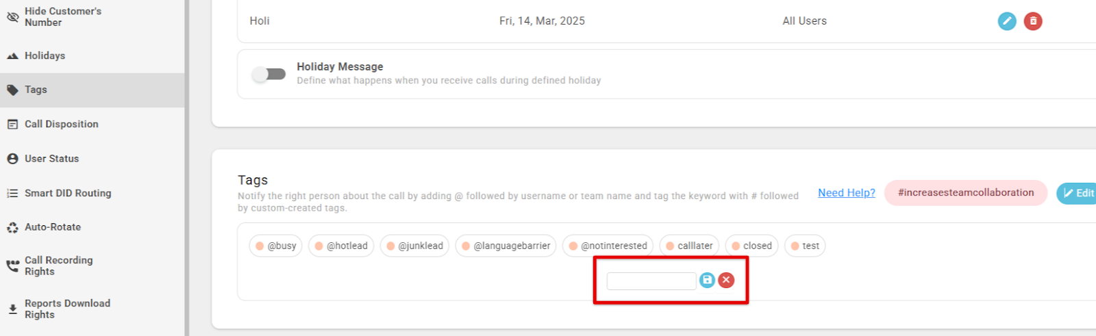 Input field to type and save a new custom call tag in CallHippo