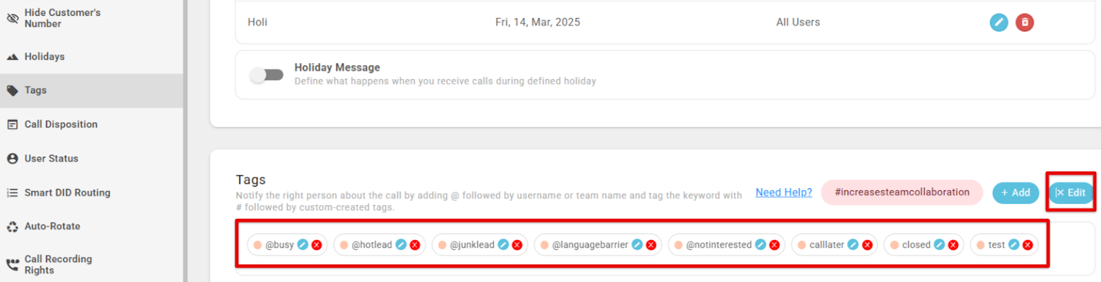 Edit mode showing edit and delete icons on each custom call tag in CallHippo