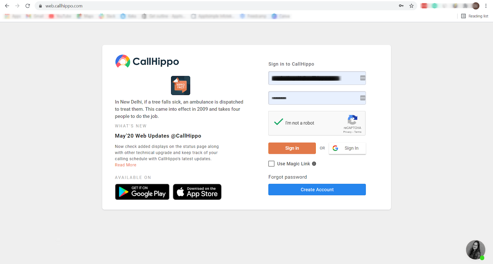 CallHippo sign-in page at web.callhippo.com