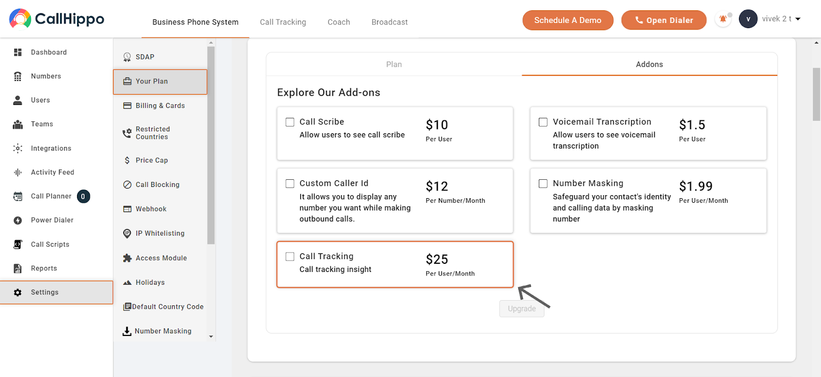 Settings add-ons page with the Call Tracking add-on highlighted