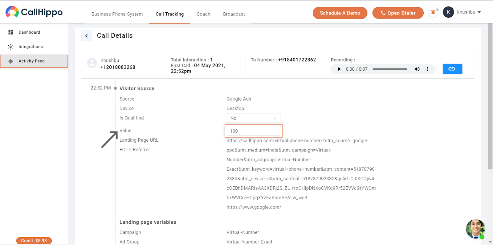 Call details Value field where a conversion value of 100 is entered to sync to Google Ads