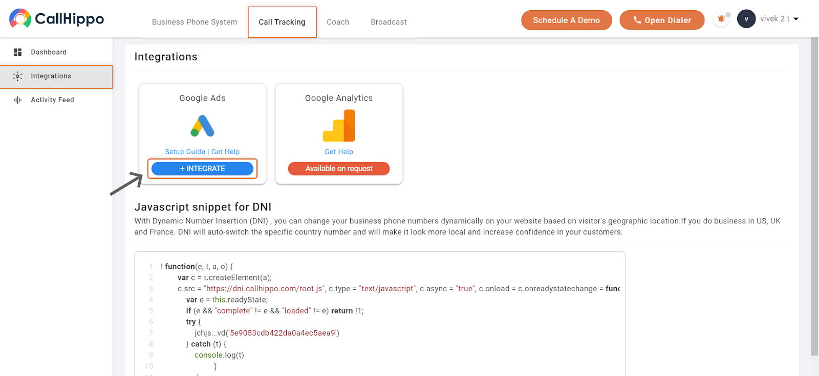 Call Tracking Integrations page with the Google Ads Integrate button highlighted