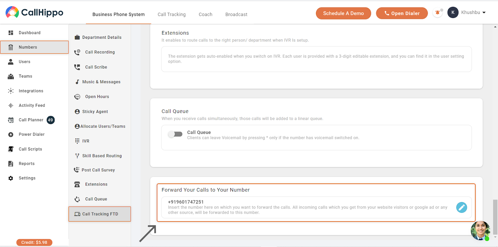 Call Tracking FTD settings with the Forward Your Calls to Your Number field highlighted