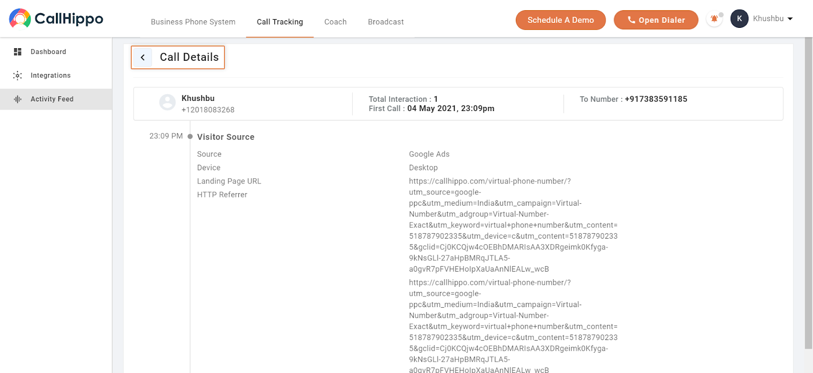Call Tracking feed showing calls with source, status, duration and keyword columns