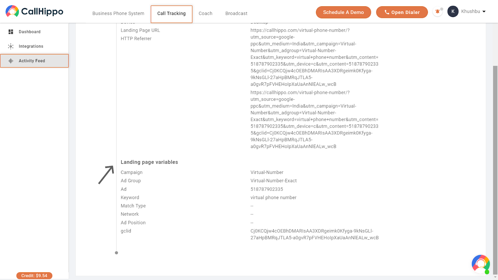 Call details showing landing page variables such as campaign, ad group, keyword and gclid captured from Google Ads