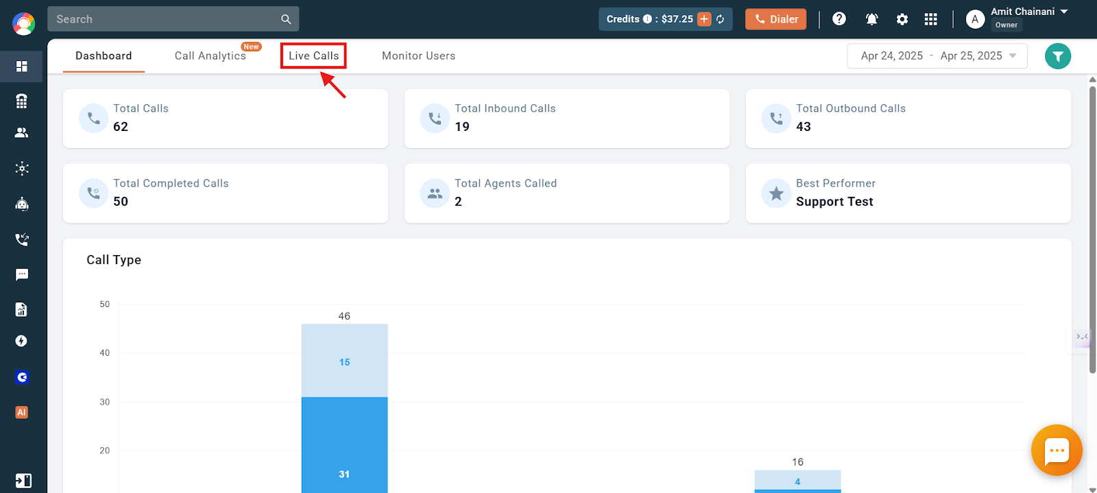 CallHippo dashboard with the Live Calls tab highlighted