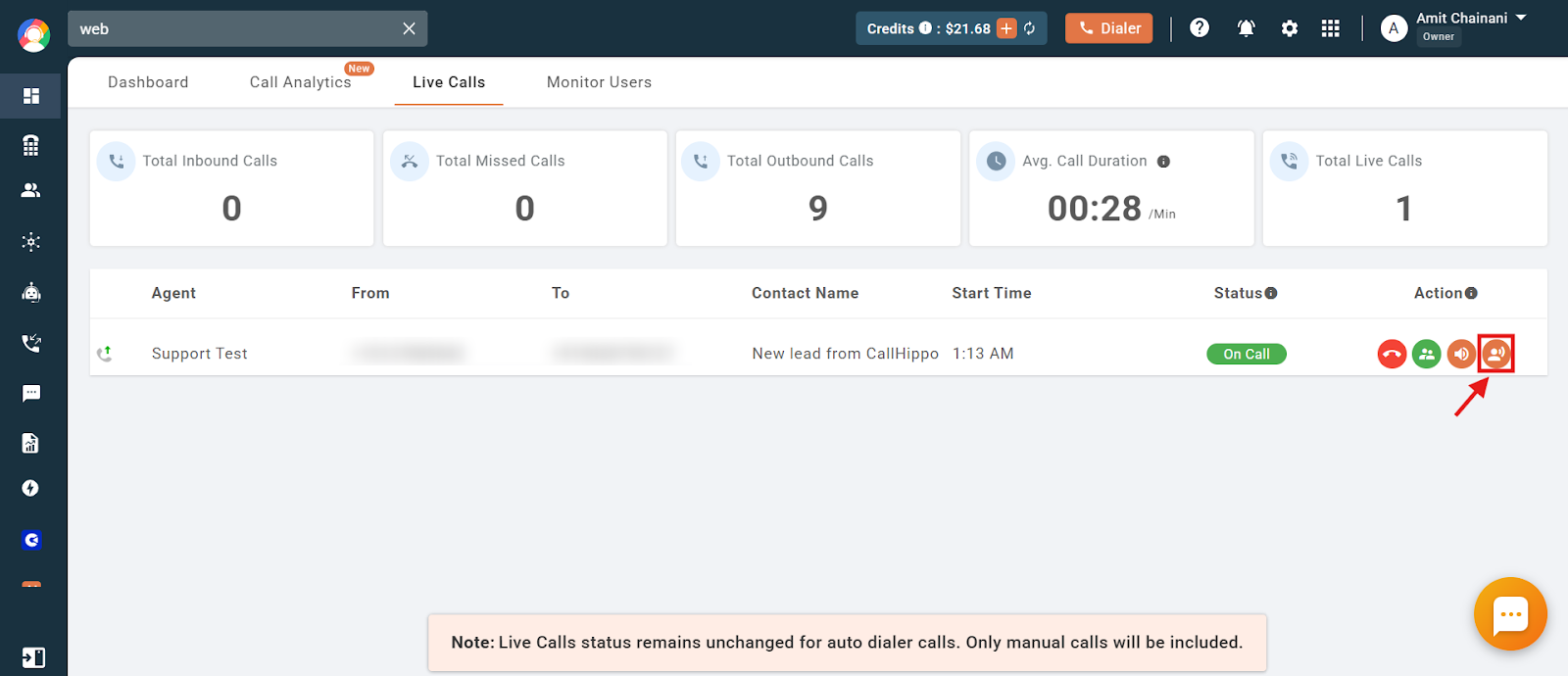 Live call row with the Call Whisper action button highlighted