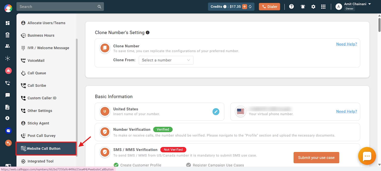 Website Call Button option in the number settings sidebar