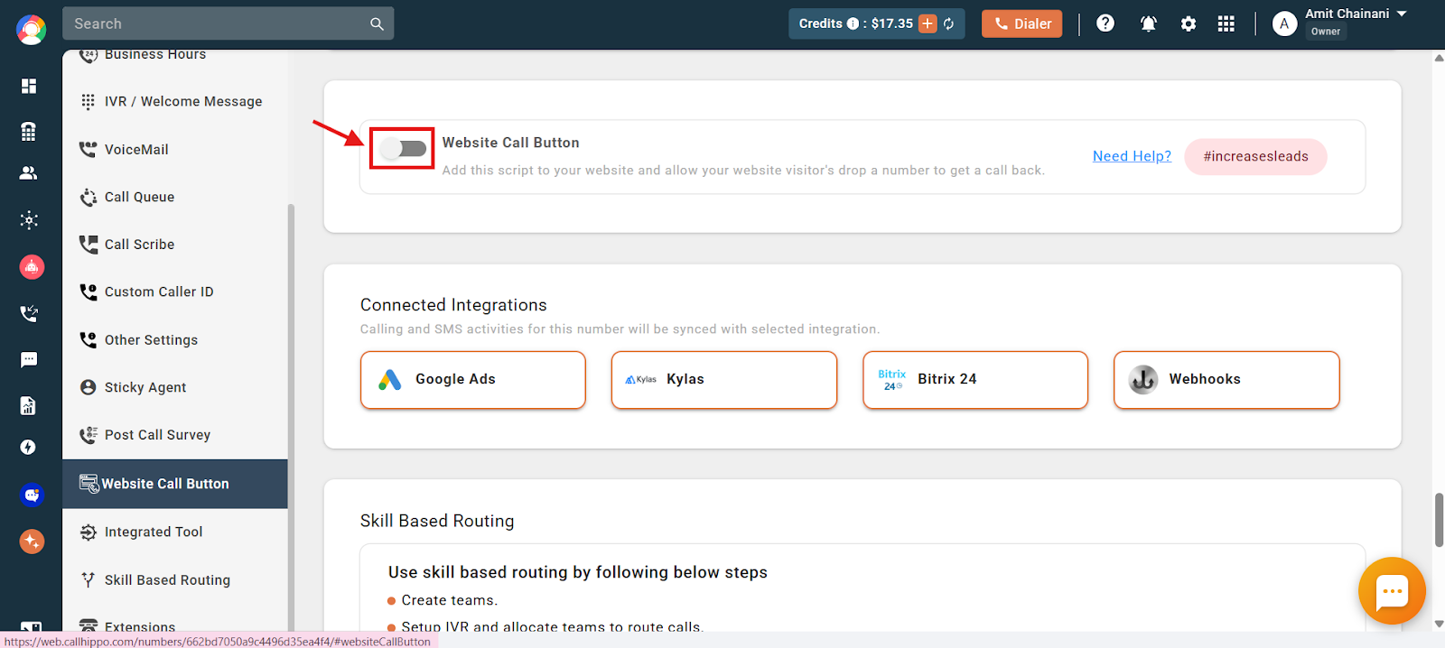 Toggle to enable the Website Call Button feature