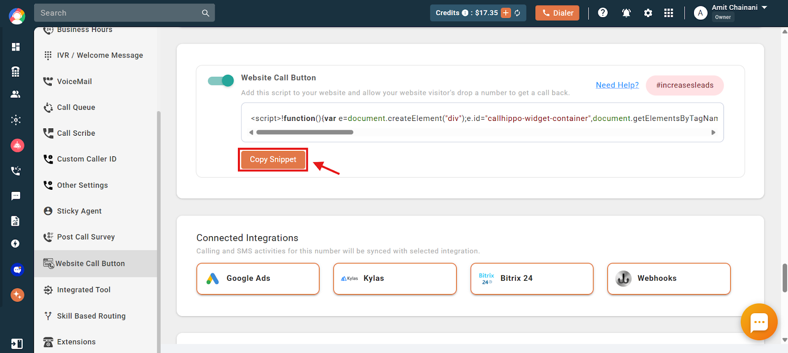 Copy Snippet button to copy the Website Call Button script