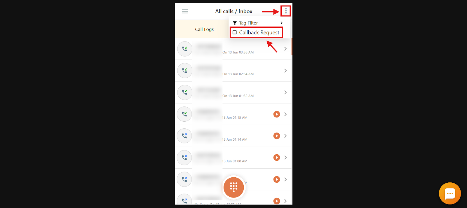 Callback Request option under the three-dot menu in the dialer