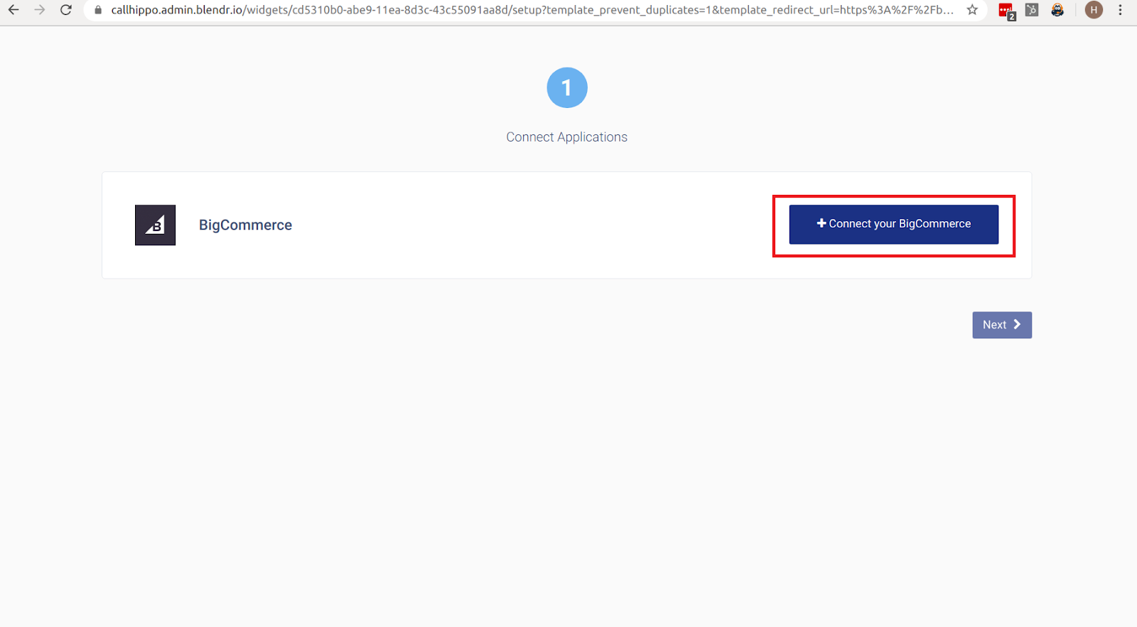 CallHippo setup page with the Connect your BigCommerce button