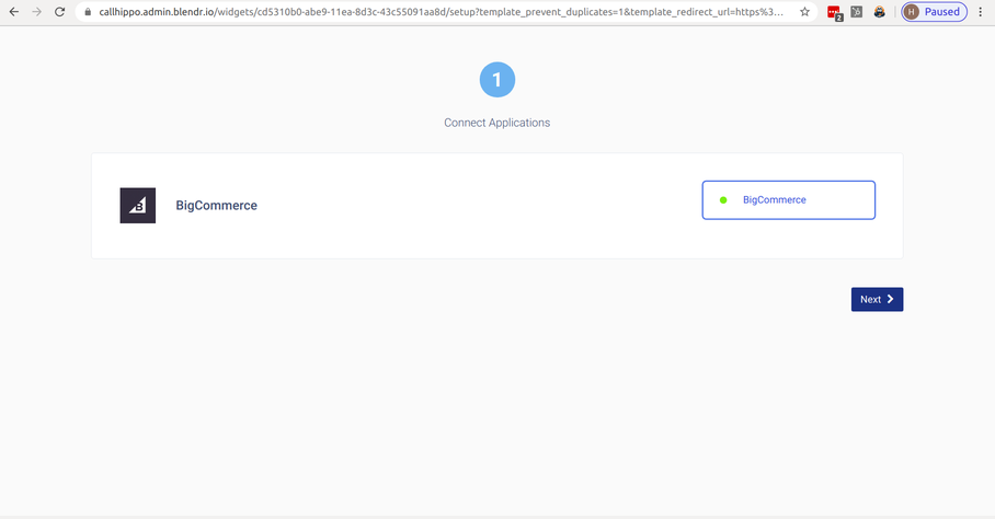 CallHippo setup page showing BigCommerce connected with the Next button