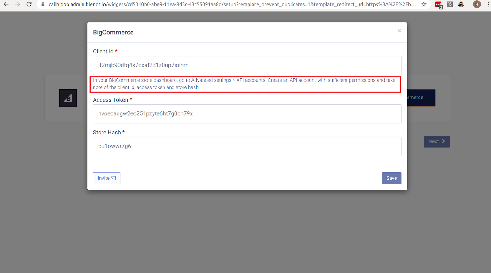 CallHippo BigCommerce popup with Client Id, Access Token and Store Hash fields