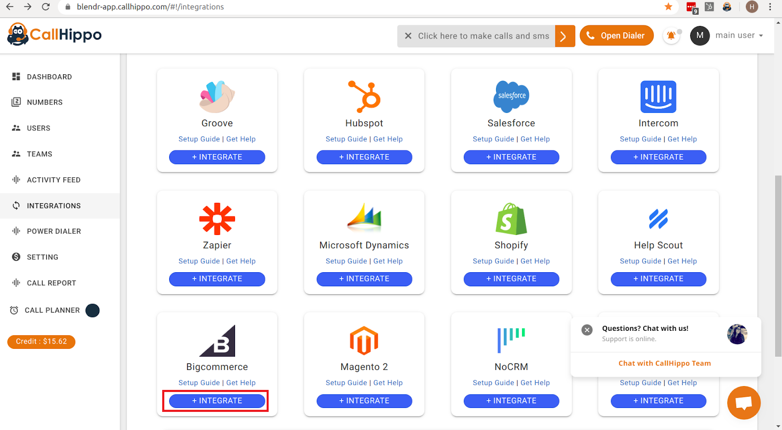 CallHippo Integrations page with the Bigcommerce Integrate button
