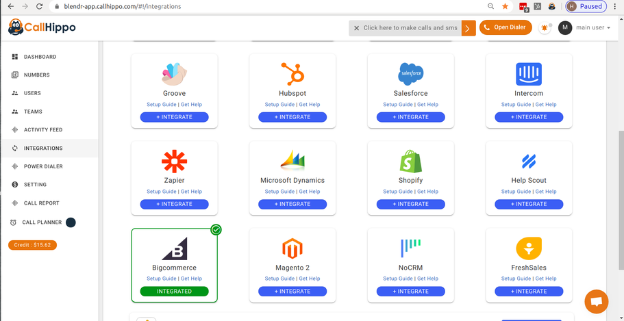 CallHippo Integrations grid showing Bigcommerce with the Integrated status