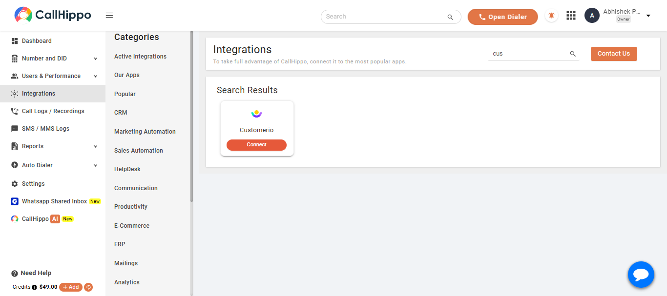 CallHippo Integrations page with the Customerio Connect button