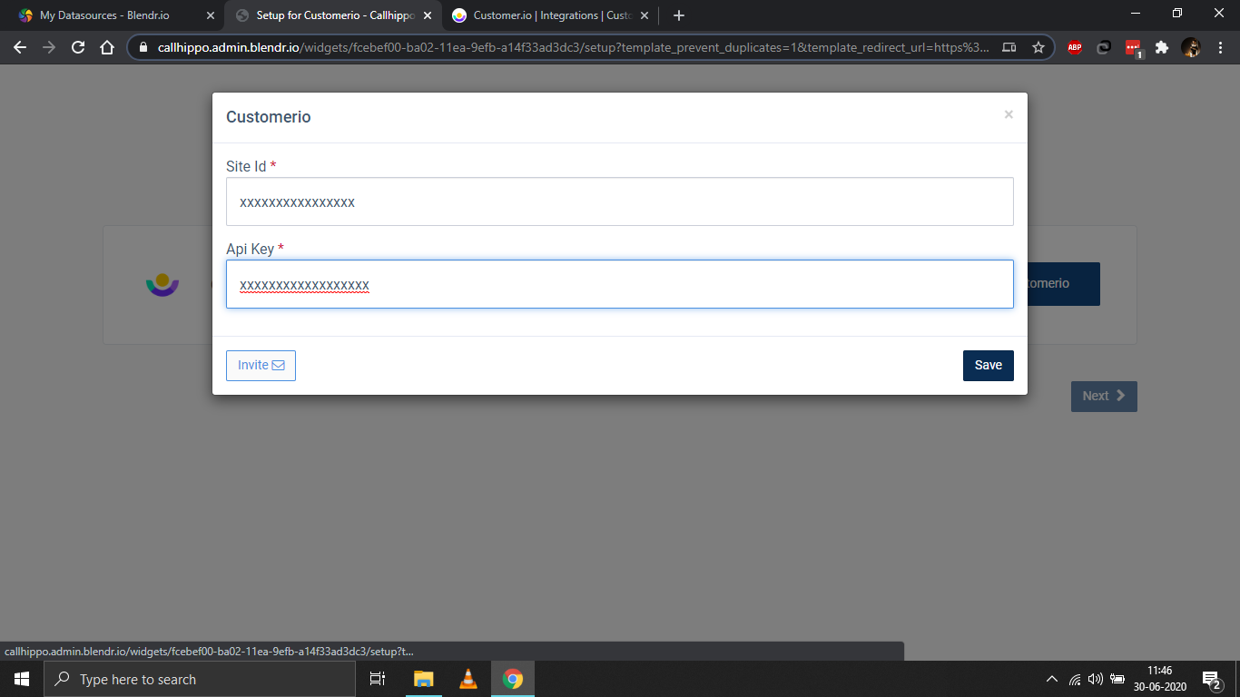 CallHippo popup asking for the Customerio Site Id and Api Key