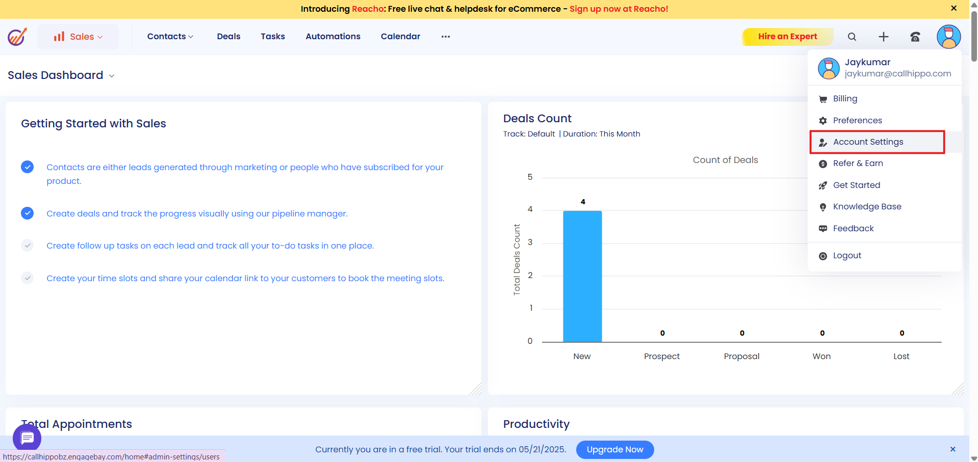 EngageBay profile drop-down menu with Account Settings highlighted