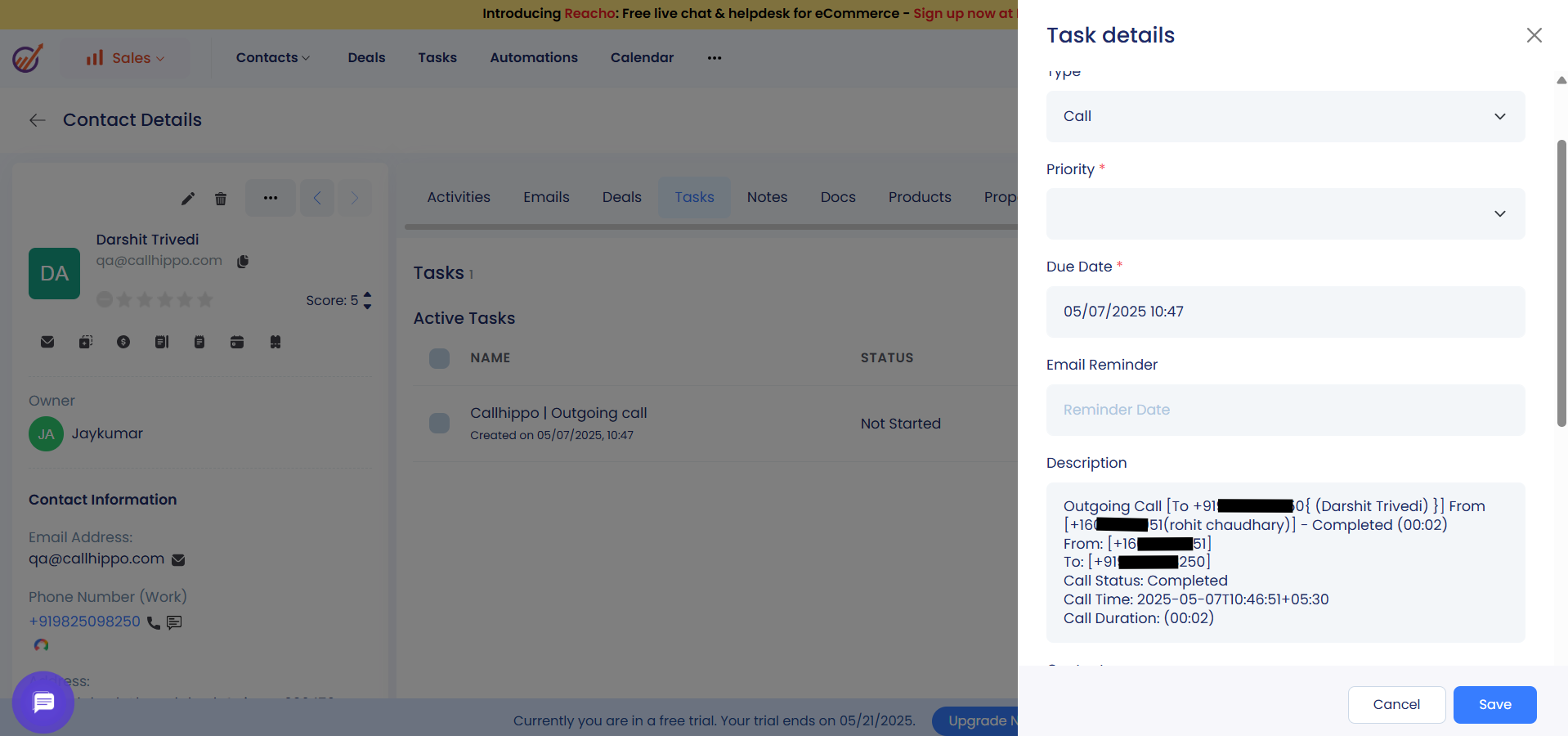 EngageBay contact task details showing a CallHippo outgoing call task with call status and duration