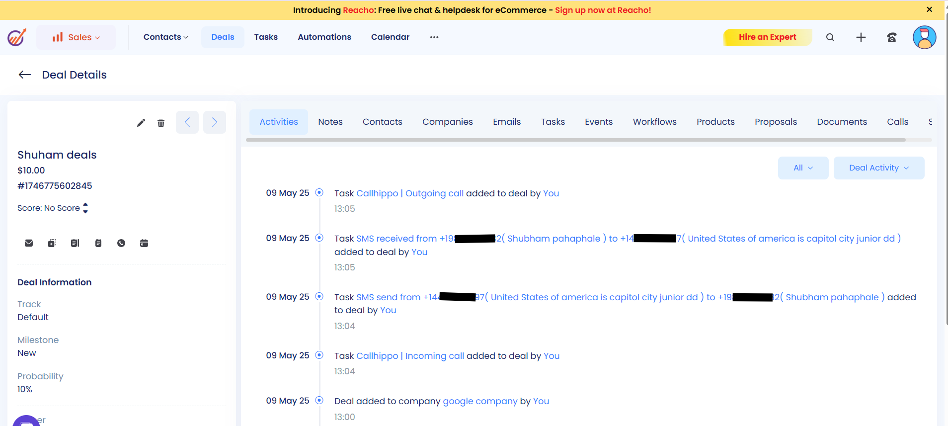 EngageBay deal Activities feed showing CallHippo outgoing call and SMS tasks logged to the deal