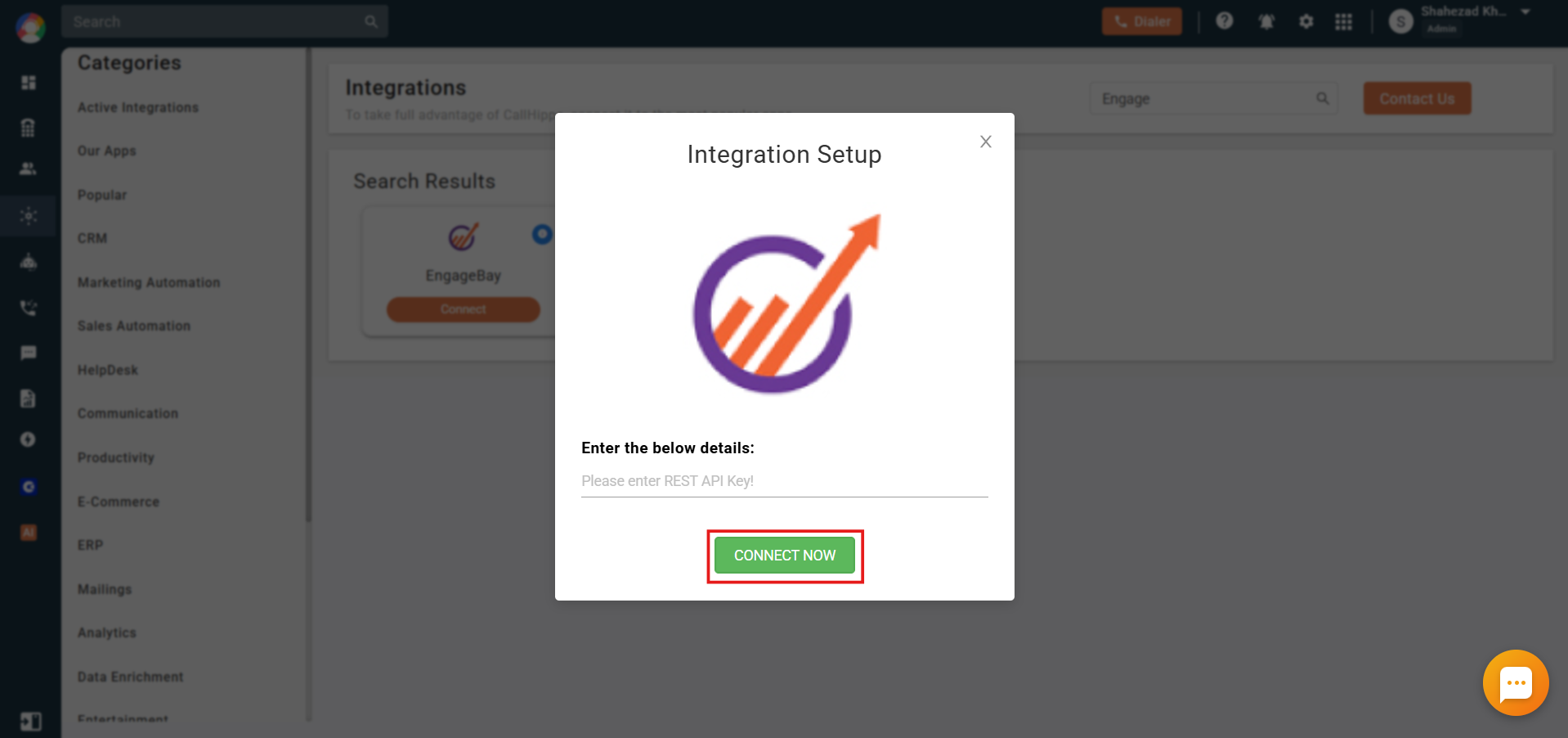 EngageBay Integration Setup popup in CallHippo with a field to enter the REST API Key and a Connect Now button
