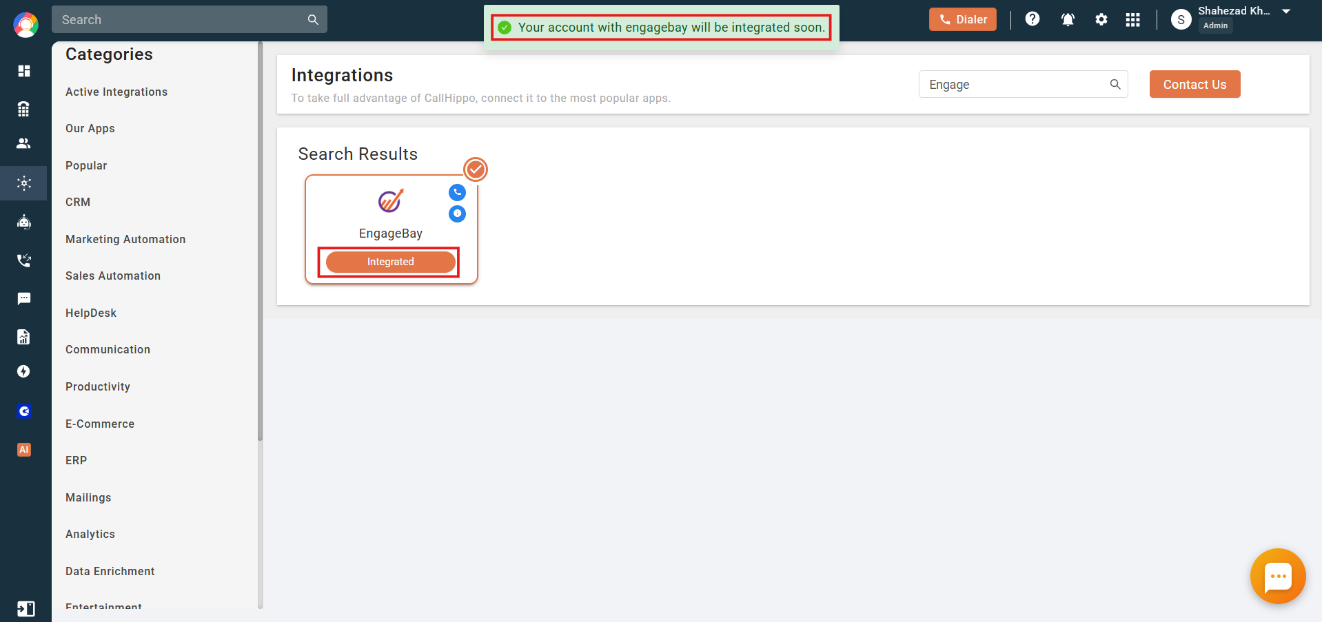 CallHippo showing a success message and EngageBay marked as Integrated