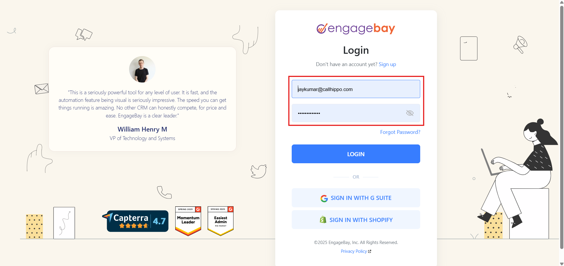 EngageBay login page where you sign in to your account