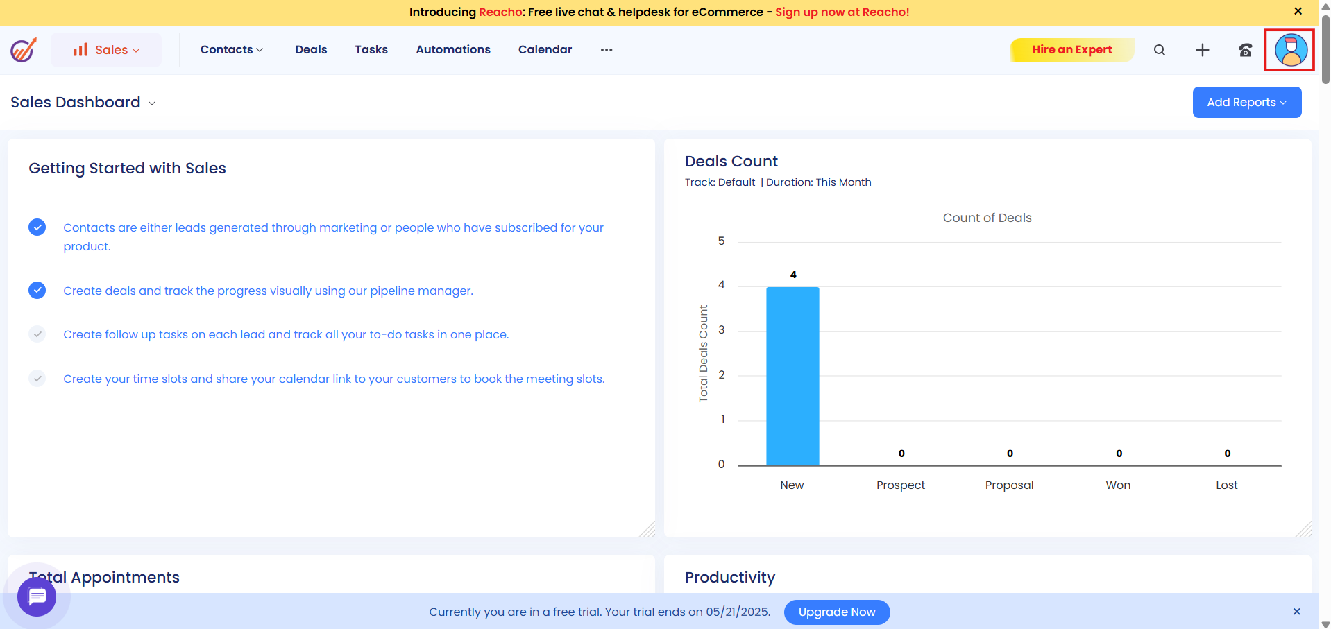 EngageBay dashboard with the profile picture icon in the top right corner highlighted