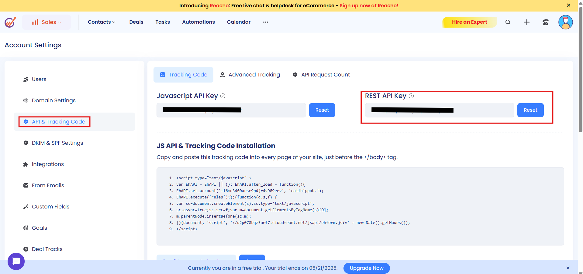 EngageBay Account Settings API and Tracking Code page with the REST API Key highlighted