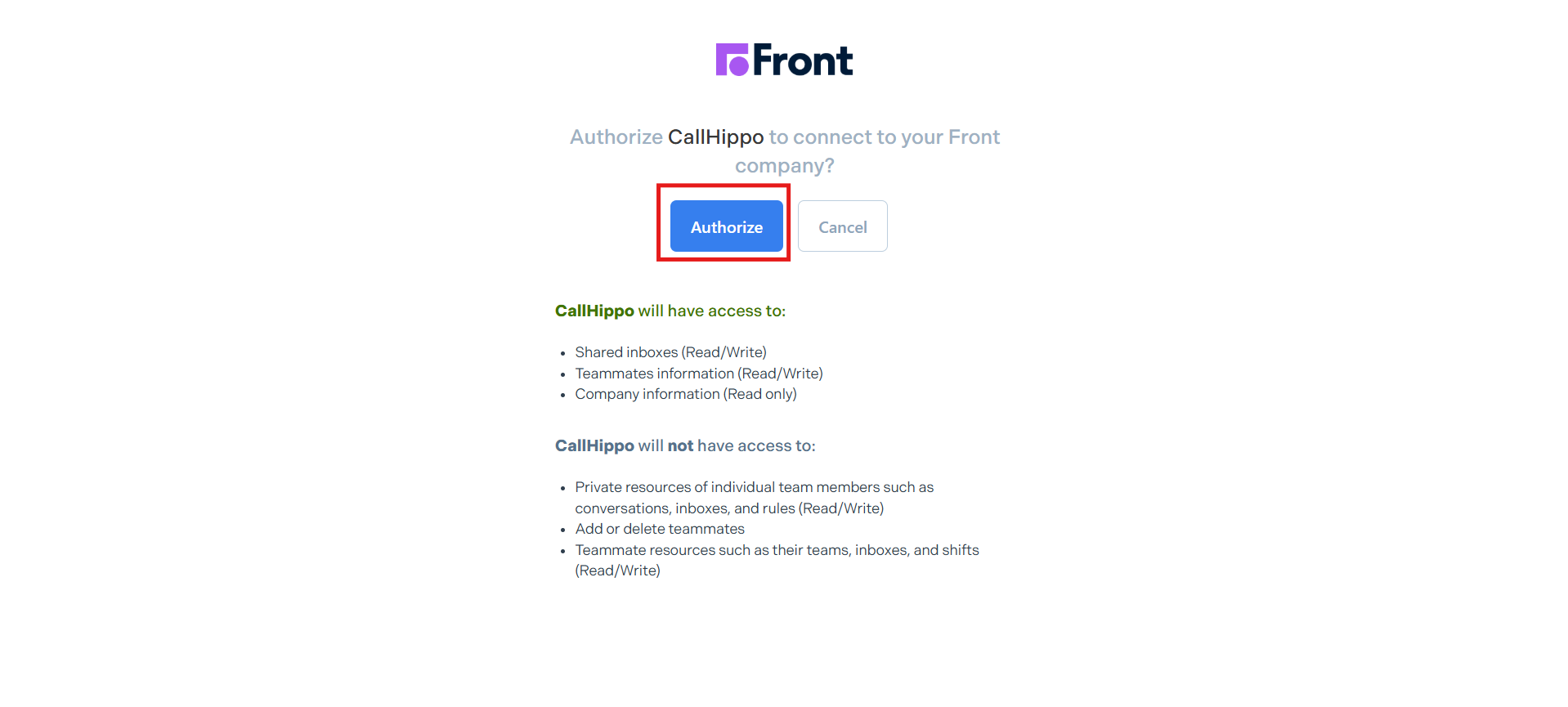 Front permission page to authorize CallHippo to connect to your Front company