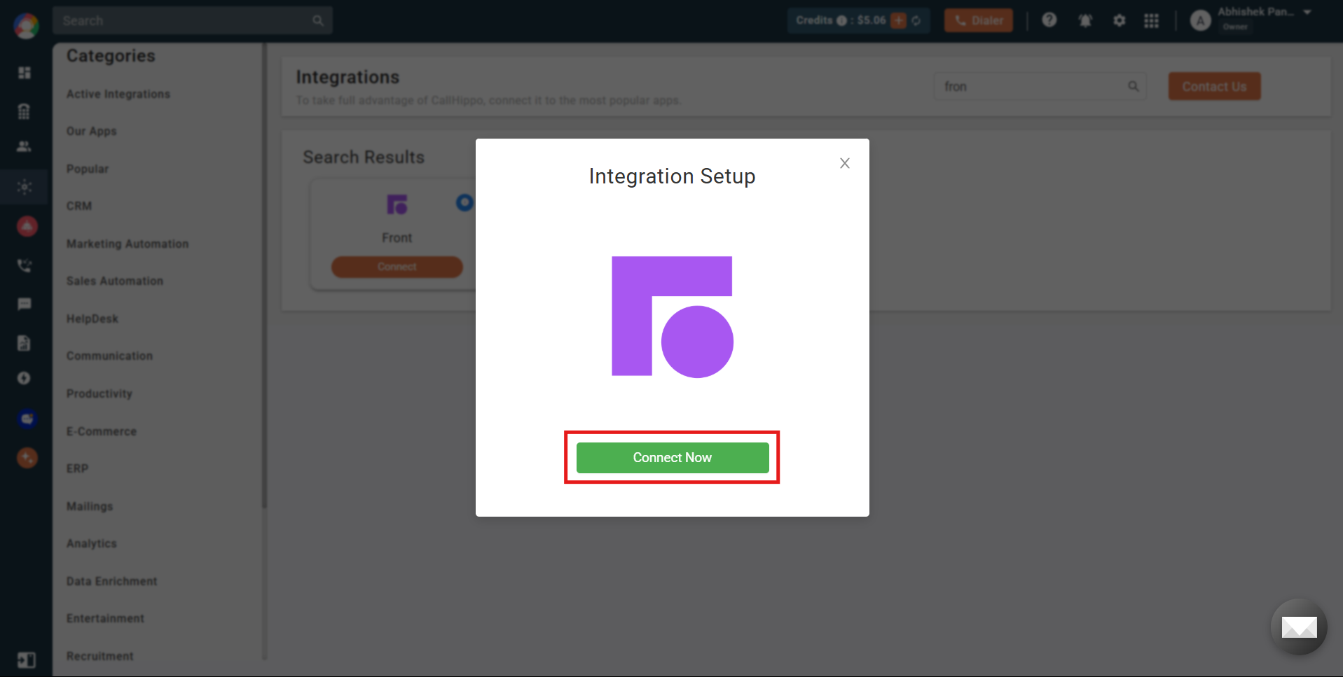 Front Integration Setup popup in CallHippo with the Connect Now button