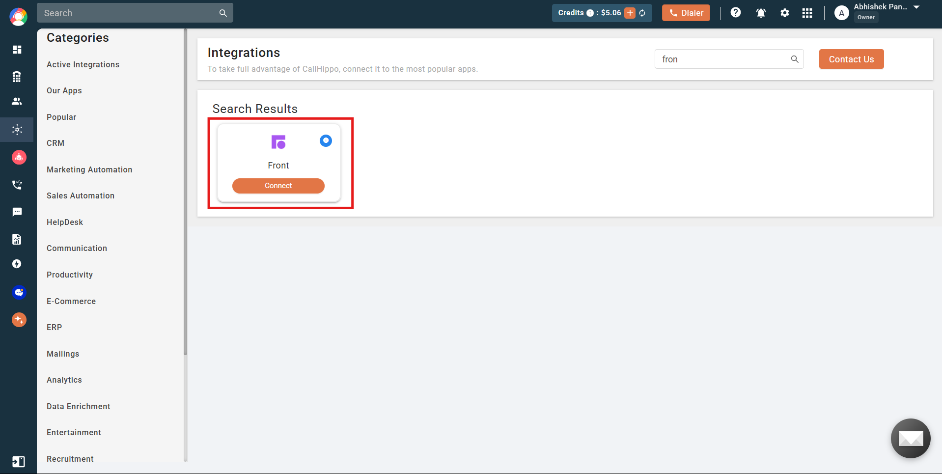 CallHippo Integrations page with the Connect button on the Front card highlighted