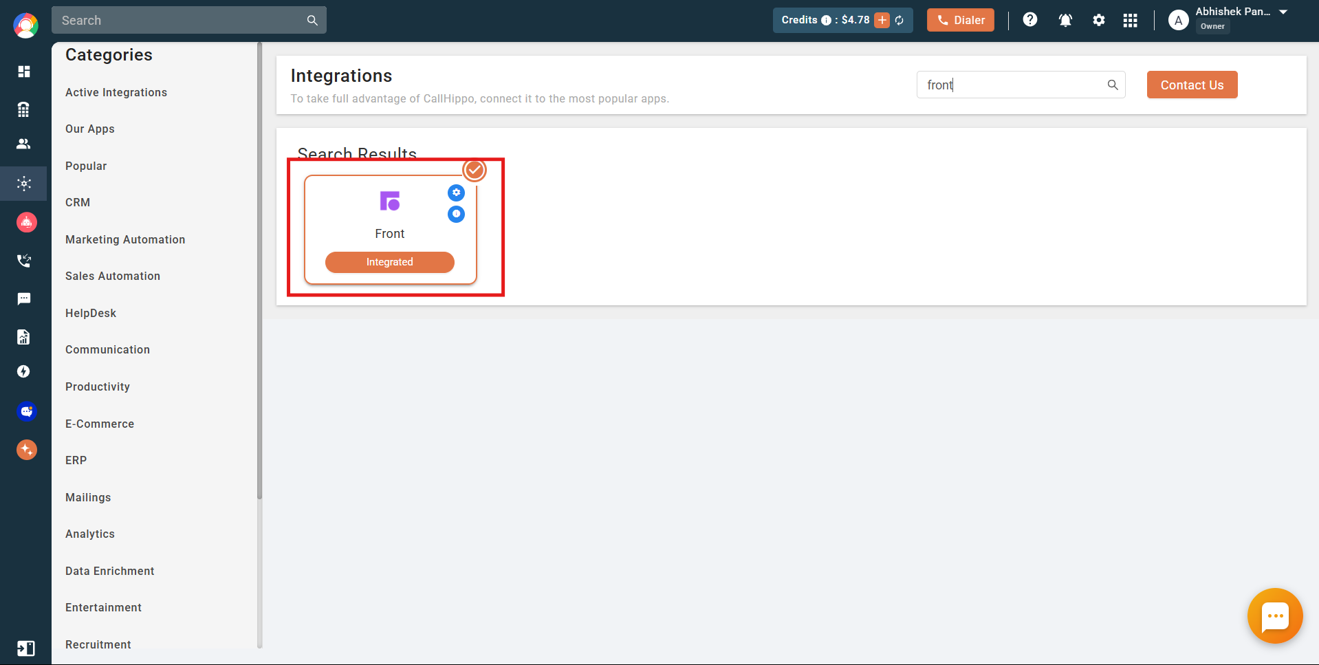 CallHippo Integrations page showing Front marked as Integrated