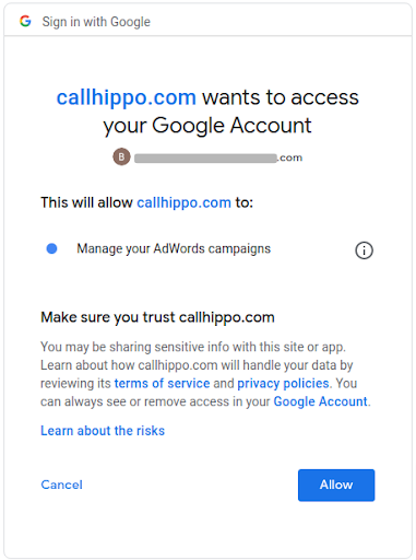 Google permission page granting CallHippo access to manage your AdWords campaigns with an Allow button