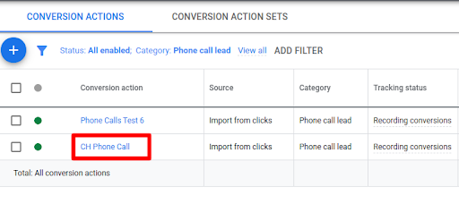 Google Ads Conversion actions list showing CH Phone Call with source Import from clicks