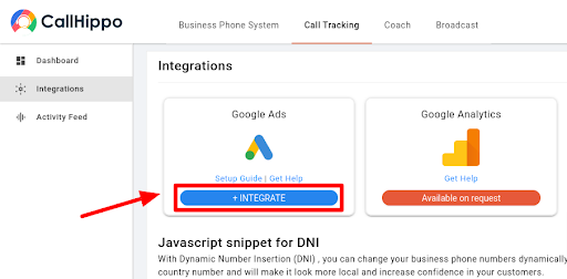 CallHippo Call Tracking Integrations page with the Google Ads Integrate button highlighted