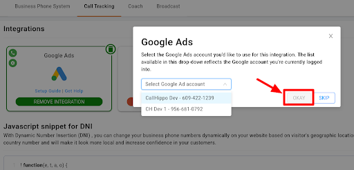 CallHippo prompt to select your Google Ads manager account and click Okay