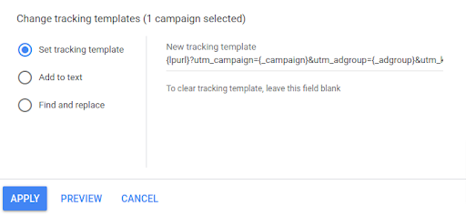 Google Ads Change tracking templates panel with Set tracking template selected and the CallHippo template pasted