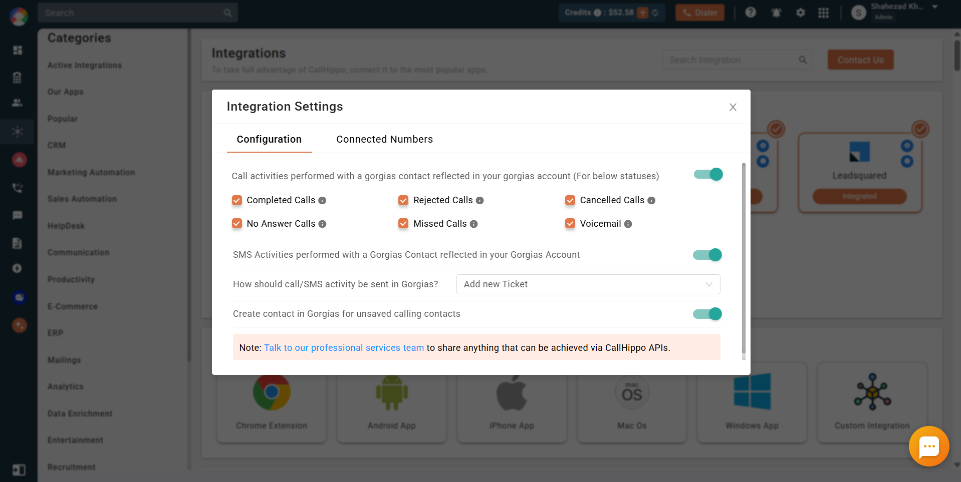 CallHippo Gorgias Integration Settings Configuration tab with call and SMS activity toggles and ticket options