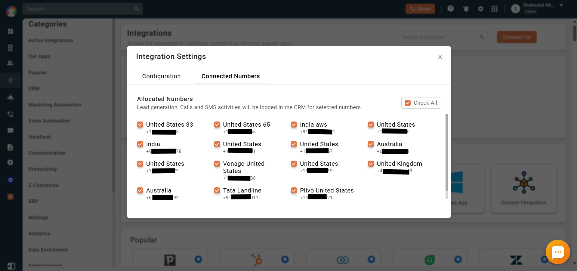 CallHippo Gorgias Integration Settings Connected Numbers tab where you select numbers to log call and SMS activity