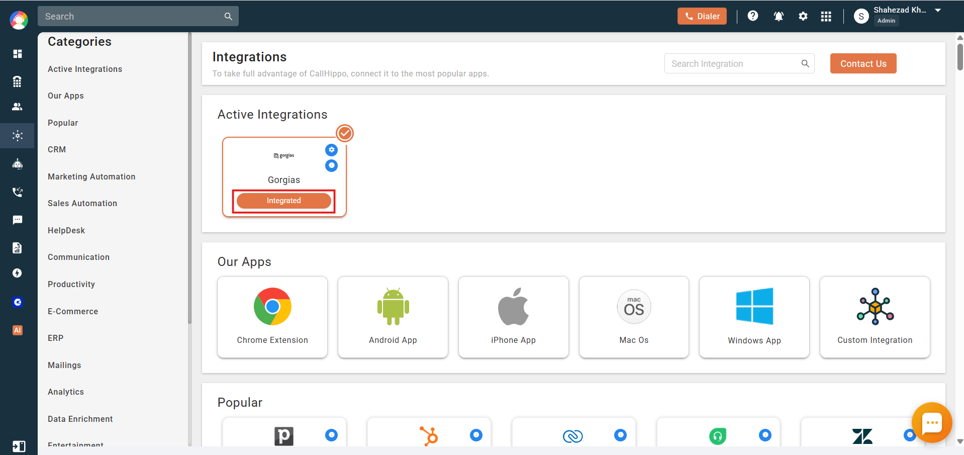 CallHippo Active Integrations showing Gorgias marked as Integrated