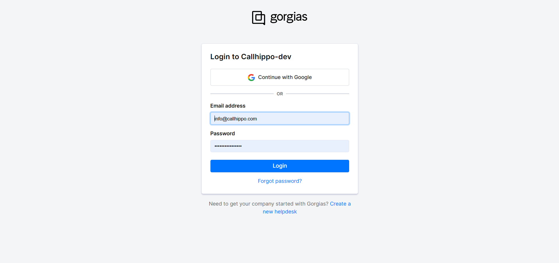 Gorgias login page to sign in to your helpdesk and connect with CallHippo