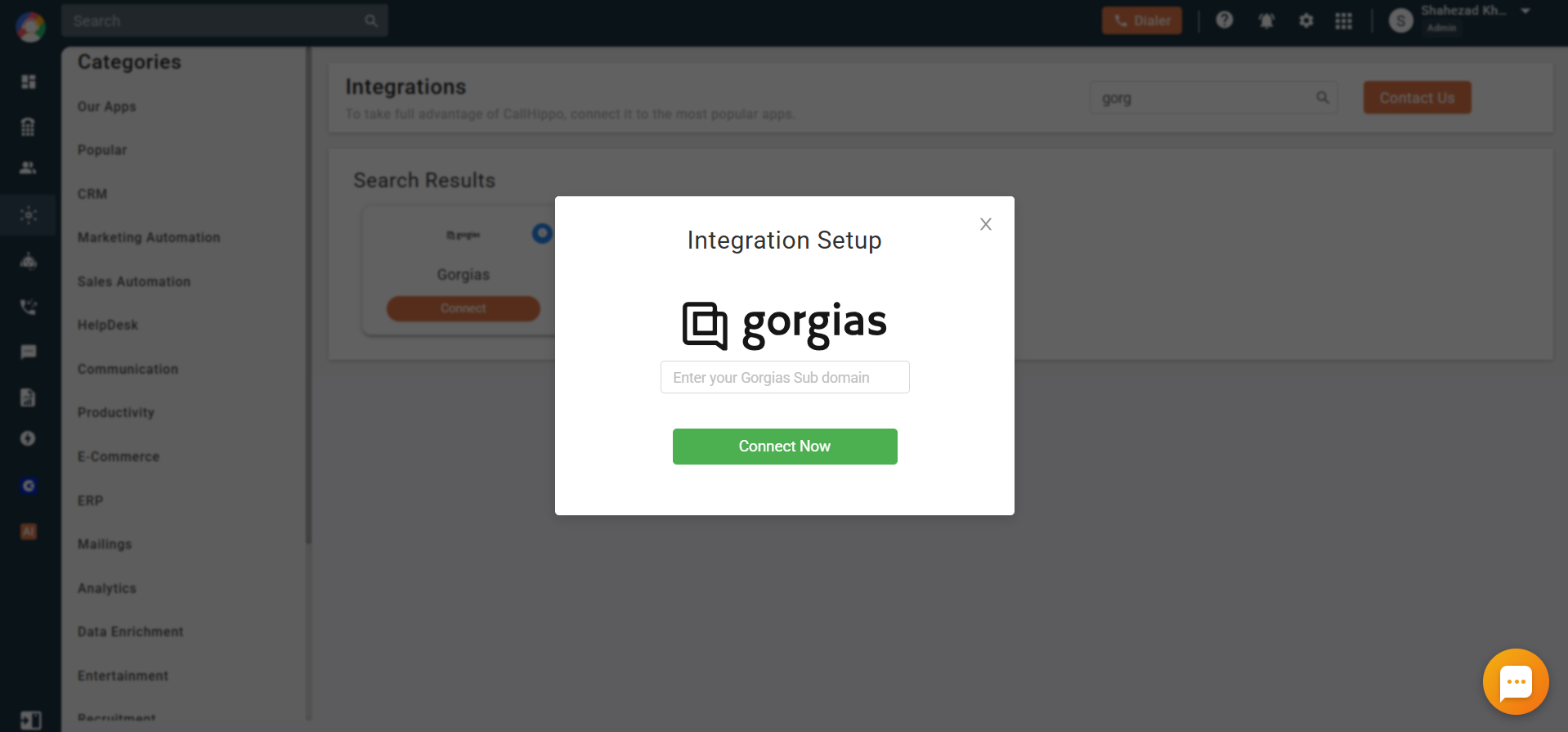 Gorgias Integration Setup popup in CallHippo with a field to enter your Gorgias subdomain and a Connect Now button