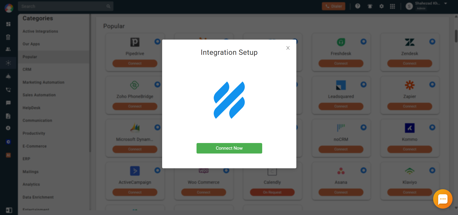 CallHippo Integration Setup popup with the Help Scout logo and Connect Now button