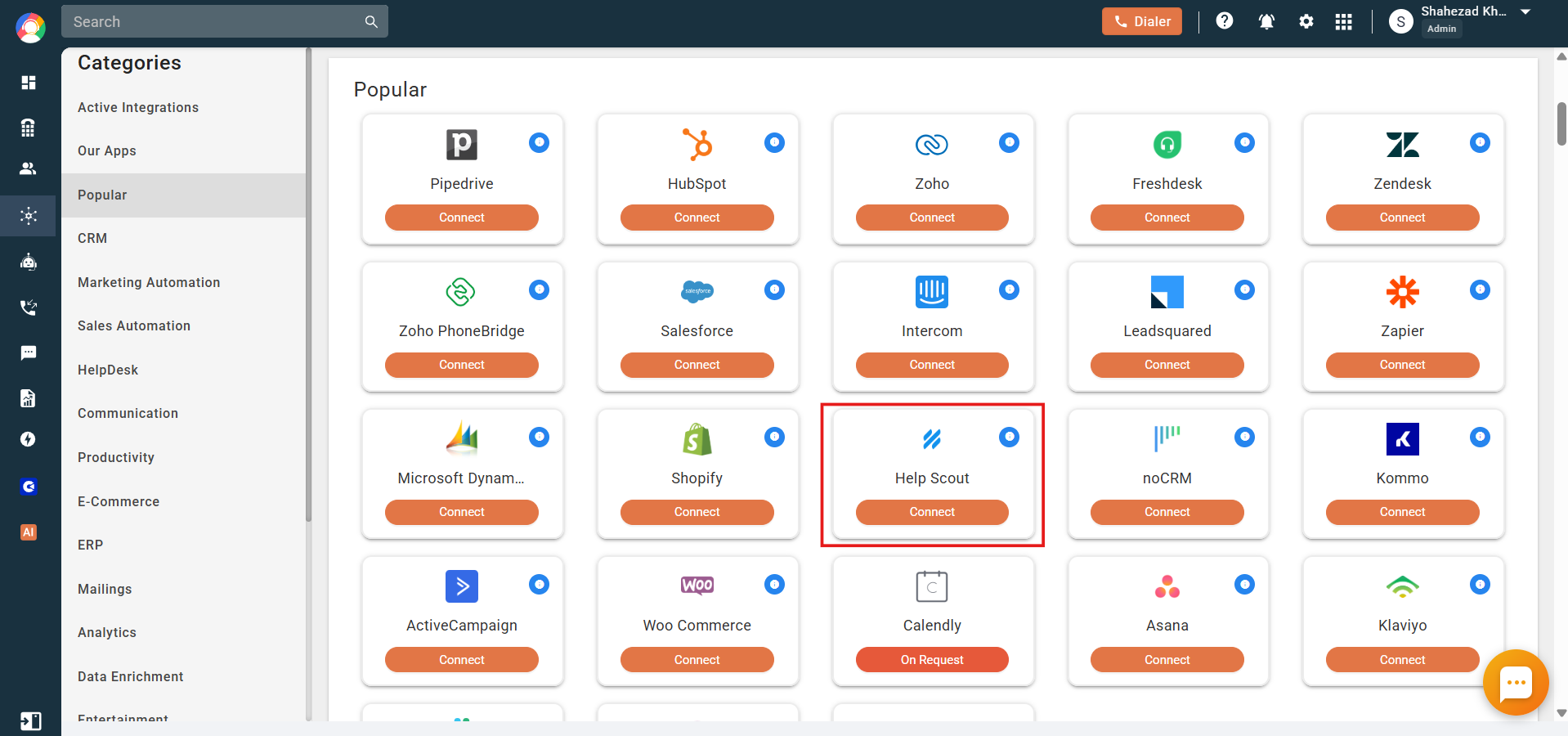 CallHippo Integrations page with the Help Scout Connect button