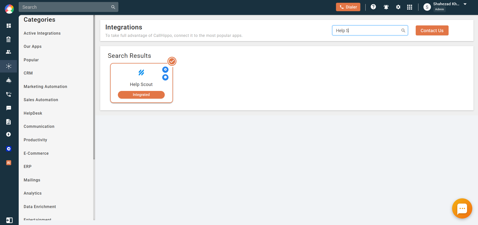 CallHippo Integrations page showing Help Scout with the Integrated status