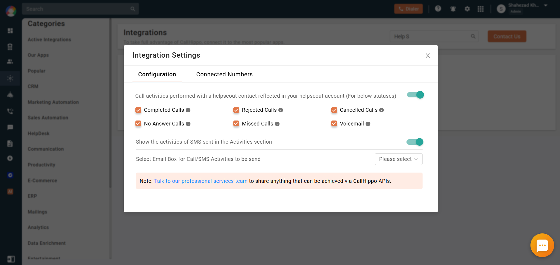 CallHippo Help Scout integration settings with call statuses and the email box selector