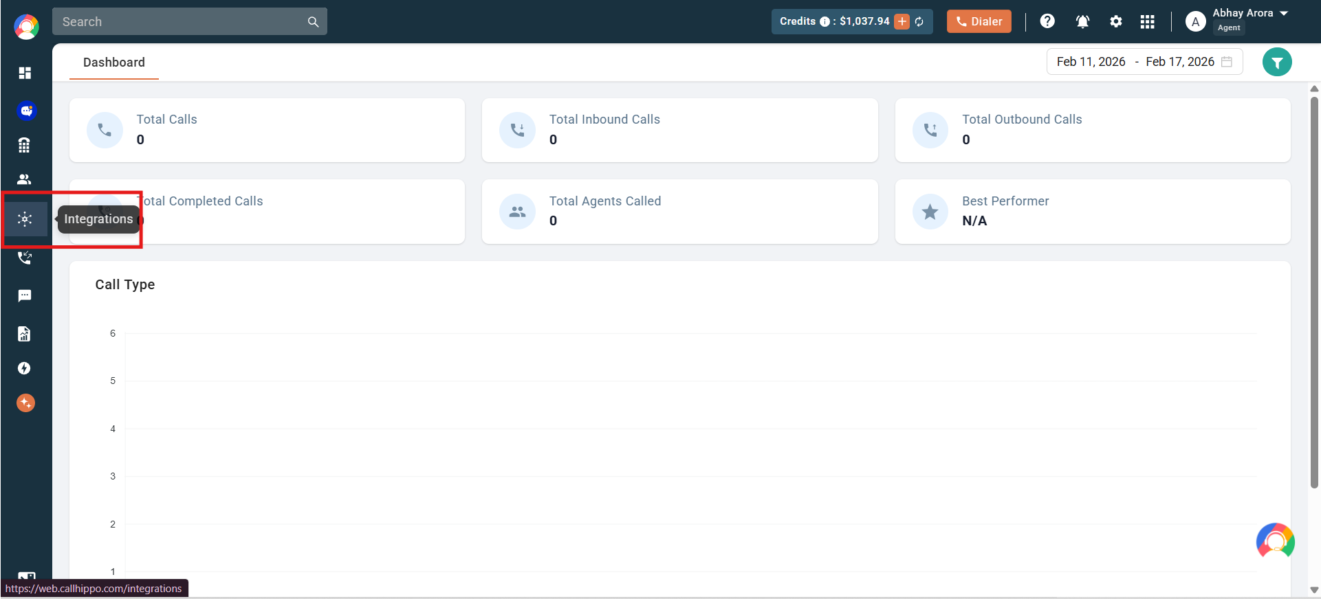 CallHippo dashboard with Integrations in the left sidebar