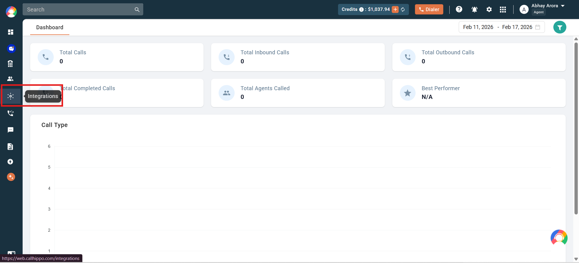 CallHippo dashboard with Integrations in the left sidebar